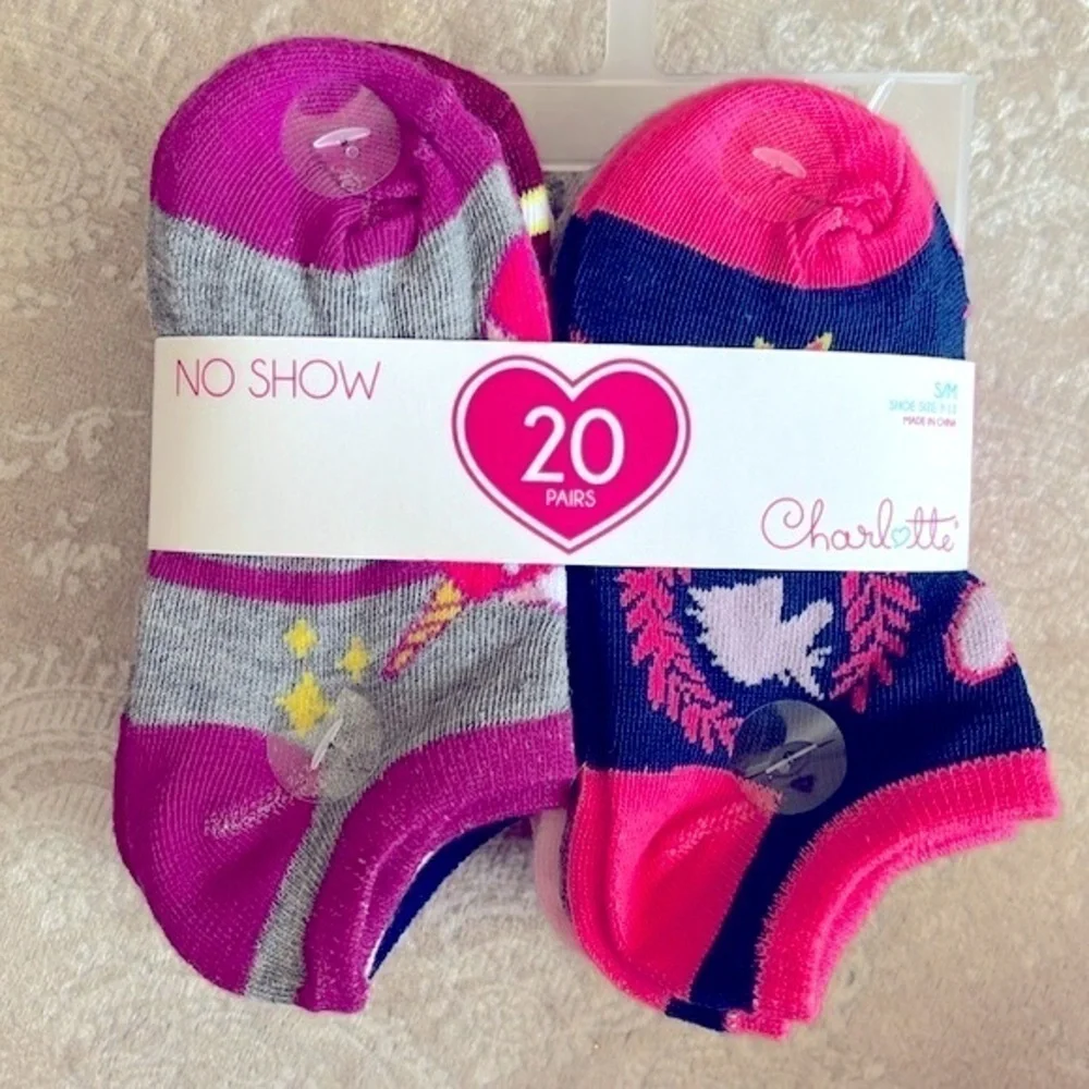 Brand New Charlotte 20-Pair Pack of Girls Socks No Show Ankle Colorful Unicorn